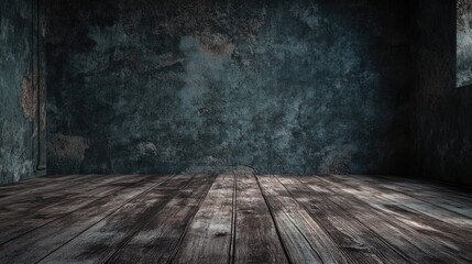 Poster - Textured Gray Wall and Weathered Wood Floor in Empty Room Background Perfect for Creative Design or Text Placement