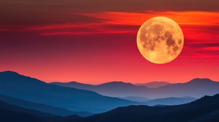 Poster - Vibrant sunset landscape with full moon over mountains and expansive sky ideal for text overlay and creative projects