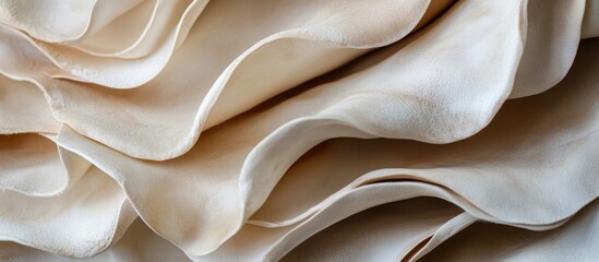 Poster - Textured fabric in folds with soft beige tones showcasing delicate waves and smooth surfaces, ideal for backgrounds with Copy Space.