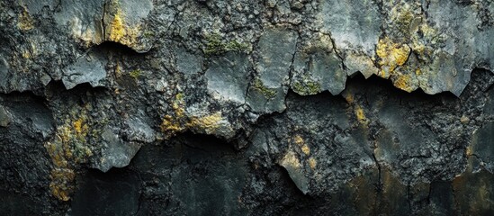 Poster - Textured rock surface in dark tones with yellow accents showing layers and cracks ideal for various design applications Copy Space