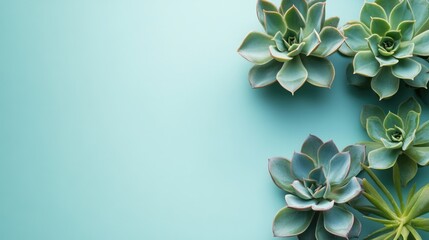 Poster - Succulents Arranged on Pastel Blue Background with Empty Copyspace for Text Ideal for Nature Inspired Designs or Promotions
