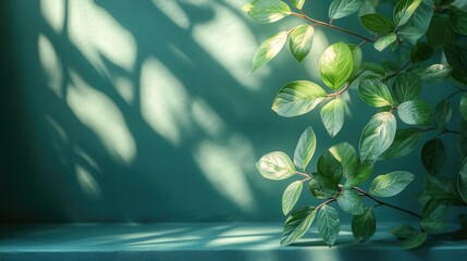 Poster - Sunlit green leaves casting soft shadows on a textured wall with ample copyspace for customization or text placement