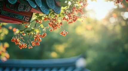Poster - Intricate details of Korean culture featuring cherry blossoms with soft natural light and blank space for text placement