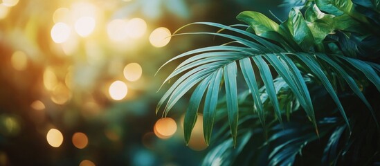 Poster - Tropical foliage with sunlight and bokeh background, lush green leaves, blurred lights, nature concept, copy space.