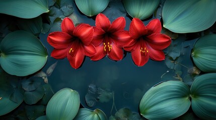 Poster - Cluster amaryllis blooming in a tranquil swamp surrounded by green leaves with negative space for text or design elements.