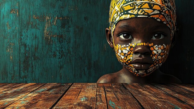Tribal Child Portrait Ethnic Art for Nursery Decor with Copy Space for Text Displaying Cultural Heritage and Innocence in a Rustic Setting