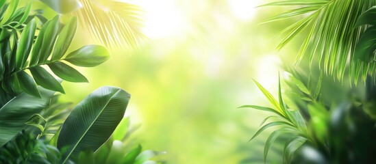 Poster - Lush green tropical foliage with soft sunlight filtering through leaves and abundant copy space for text insertion