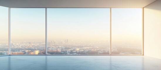 Poster - City skyline bathed in warm morning light with spacious empty area for text in modern interior setting showcasing tranquility and design elegance