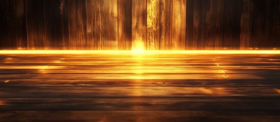 Poster - Elegant wooden background illuminated by golden lines featuring expansive empty space ideal for text or design elements.