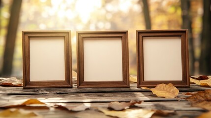 Poster - Three empty wooden photo frames on rustic table with blurred autumn leaves background ideal for customizable text or images.