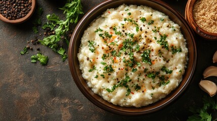 Wall Mural - Creamy risotto with herbs and spices in a dark bowl with garlic and ingredients on a textured surface Copy Space