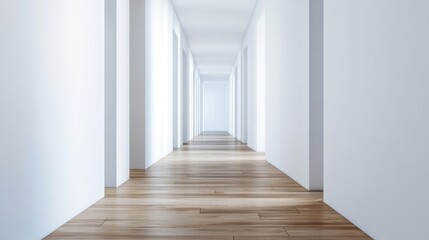 Poster - Stylish modern hallway featuring white walls and wooden laminate flooring with ample empty space for text or design elements.