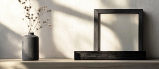 Poster - Minimalist interior with dry plant in vase and empty picture frame on wooden shelf with soft sunlight and shadows