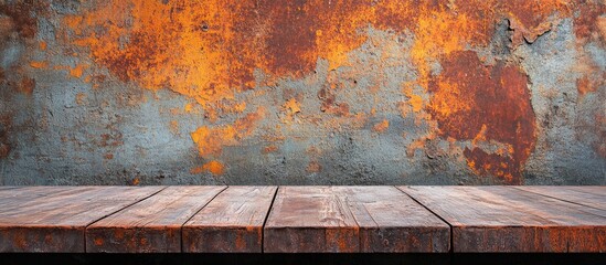 Poster - Rusty textured wall with wooden table surface in foreground and ample copy space for design placement.