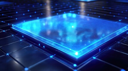 Poster - Innovative tactile smart glass technology illuminated with vibrant blue projections on a sleek black metal background
