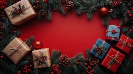 Wall Mural - Top View of Festive Christmas Gift Boxes Surrounded by Pine Branches on Vibrant Red Background with Space for Holiday Text or Messages