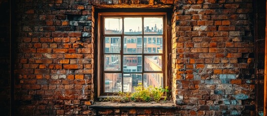 Poster - Brick wall with window framing an urban landscape view through vintage glass panes.