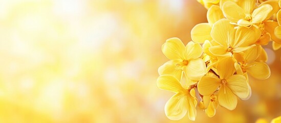 Poster - Yellow flowers with soft focus sunlight background and ample copy space for text placement.