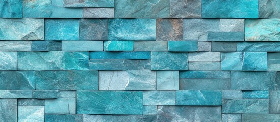 Poster - Textured turquoise stone wall paneling arranged in a contemporary design with varying shades creating a structured appearance Copy Space