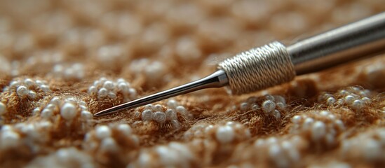Poster - Macro shot of a needle on textured fabric with beads showing detailed craftsmanship and Copy Space for text placement.