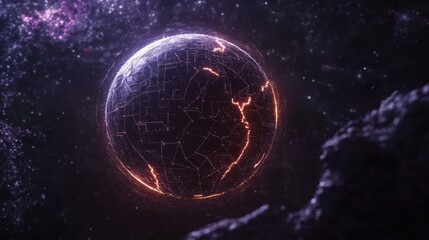 Aufkleber - Futuristic Planet with Glowing Blockchain Connections in Space Ideal for Technology and Innovation Themes with Blank Copy Space for Text