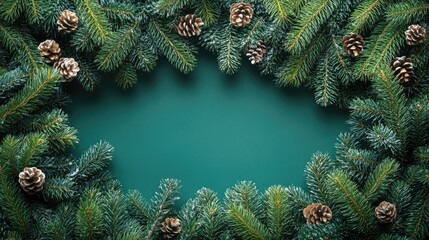 Poster - panoramic view of lush christmas tree border with pinecones on a green background creating empty spa