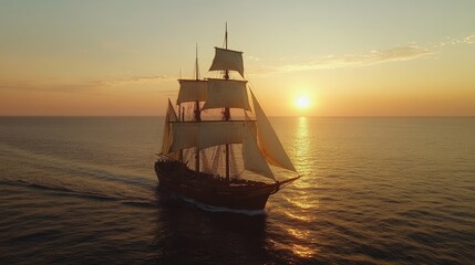 Poster - tall ship sailing into the sunset over calm waters with clear sky and copyspace for text