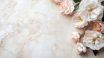 Fototapete - Elegant Cream Marble Background with Natural Textures and Floral Accents Ideal for Template Design or Text Overlay Applications