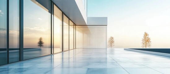 Poster - Modern luxury house with glass facade showcasing contemporary architecture and ample empty space for creative text placement.