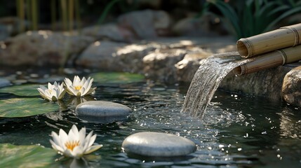 Wall Mural - Serene garden pond with bamboo fountain, water lilies