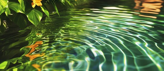 Poster - Rippling Water Surface with Reflections and Foliage Border