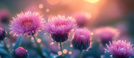 Poster - Pink thistle flowers with dew droplets at sunrise background and bokeh light Copy Space