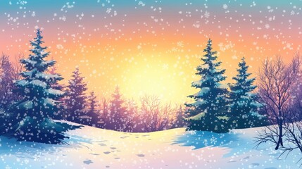 Poster - Vibrant winter sunrise over snow-laden trees creating a serene landscape with ample space for text or creative elements