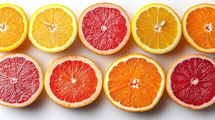 Poster - Vibrant citrus fruit slices arranged on a white background showcasing fresh colors with ample space for textual content or design elements