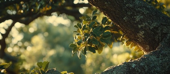 Poster - Green leaves and branches of an old tree with soft sunlight filtering through, natural bokeh background, Copy Space available.