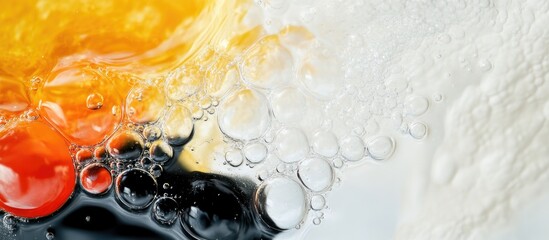 Poster - Vibrant Macro Soap Bubble Splash with Black White Yellow and Red Colors for Creative Background and Copyspace for Text