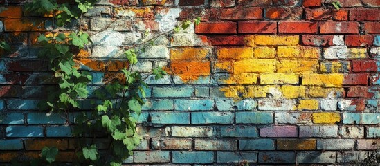 Poster - Graffiti on brick wall with colorful paint and green ivy climbing the surface