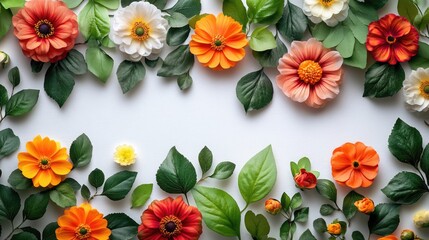 Poster - Colorful flowers and lush green leaves arranged on a white surface with empty space for text or graphics in a natural setting
