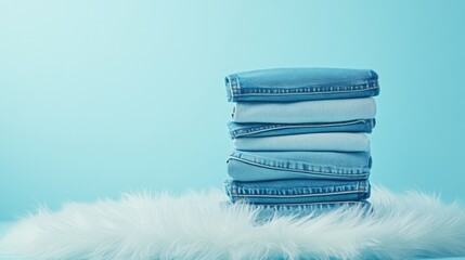 Poster - Stack of folded jeans on a blue table with a white fur backdrop and bright logo, featuring ample empty space for text or branding.