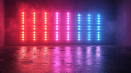 Poster - Neon light display with three rows of colorful squares in a dark setting and ample empty space for custom text or graphics.