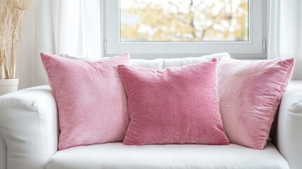 Poster - Pink velvet cushions on a white sofa near a window with a blurred outdoor view and soft natural light Copy Space