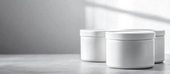 Poster - White Plastic Kitchen Canisters on Neutral Background Ideal for Text Overlay and Design Projects