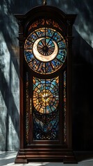 Poster - Towering Gothicstyle grandfather clock crafted from dark mahogany showcases a stained glass face The pendulum shaped like a crescent moon swings gently casting intricate shadows