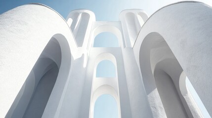 Poster - Modern architectural structure featuring tall white tower with rounded roofs and open arches against clear blue sky for design projects