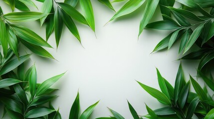 Poster - Green Bamboo Leaves Framing Empty Space on White Background for Text and Design Uses