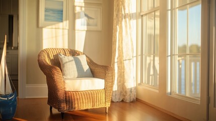 Poster - Coastal living room featuring a wicker chair and nautical accents bathed in warm light with ample empty space for text or graphics.