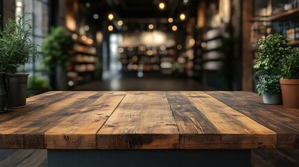 Poster - Wooden Table with Blurred Store Background Ideal for Food and Product Photography or Stylish Interior Design Presentation
