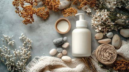 Poster - Clean white cosmetic bottle surrounded by natural stones and dried flowers on textured surface with ample copyspace for branding or text.