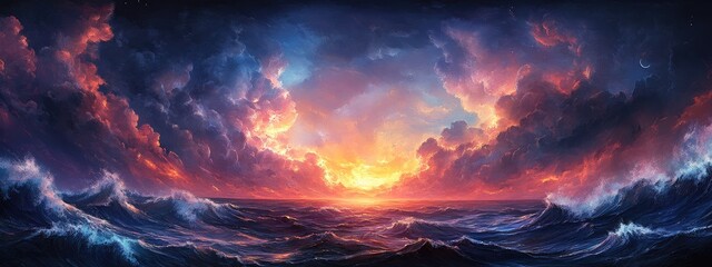 Poster - Dramatic dusk with turbulent waves and illuminated sky showcasing natural beauty and versatility for text overlay in serene coastal landscape.