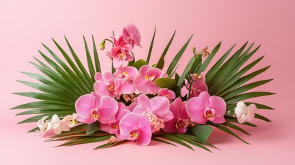 Poster - Pink orchids and green palm leaves arrangement on a soft pink background with Copy Space for text placement.